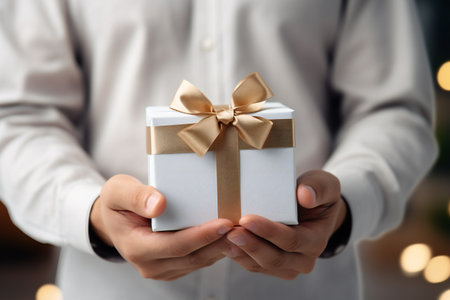 Close-up image of present with ribbon in hands of manの素材