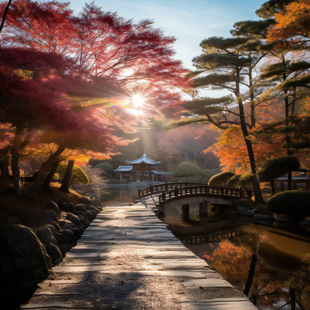 Sunset in autumn park. Autumn landscape.