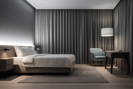Modern hotel room interior minimalistic. interior of a master bedroom with table lamp.の素材