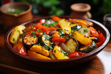 Baked vegetables in the oven dish. Healthy vegan food concept.の素材