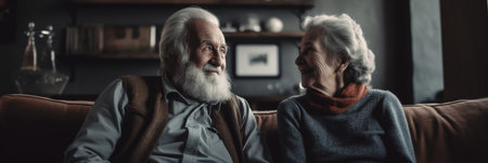 Portrait of happy caucasian senior grandparent couple are sitting on sofa. Mature old people lifestyle. panoramic banner.の素材