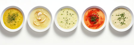 Colored vegetable cream soups. Assortment of vegetarian soups in a line on a white background. The concept of organic food. Top view, banner.の素材