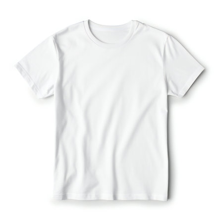 White T-Shirt Isolated on White Background. Front View of Short Sleeves T Shirt. Men's Clothing. Short Sleeve Tshirt Apparel. Sweat Unisex Garment. Jersey Clothingの素材