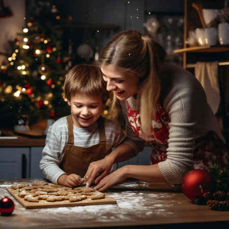 Mother and son making christmas cookies at home. Cosy homeの素材