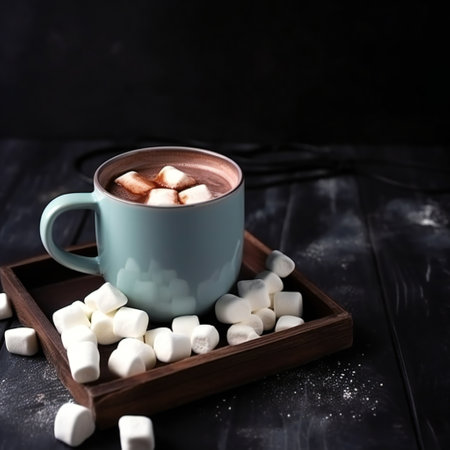 Hot cocoa with marshmallow in a white ceramic mug surrounded by winter things on a wooden table. The concept of cosy holidays and New Year.の素材