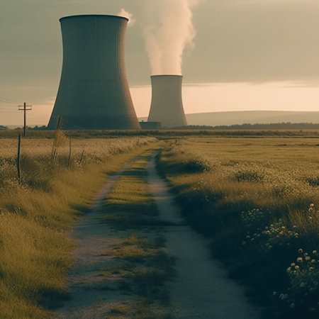 Cooling towers of nuclear power plant with cloudy sky in the background. Nuclear power station.の素材