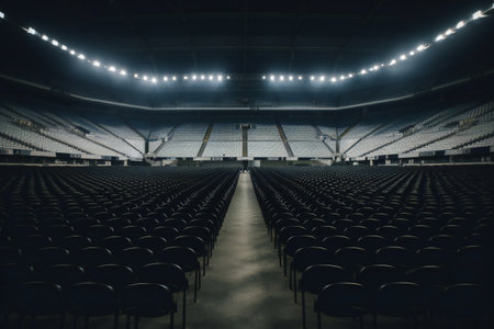 reclining chairs on the stadium bleachers with no people before the event of the live concertの素材