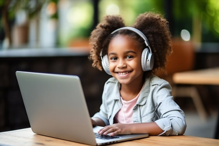 African american kid girl online learning on computer. Cute mixed race child wearing headphones distance studying online class .の素材