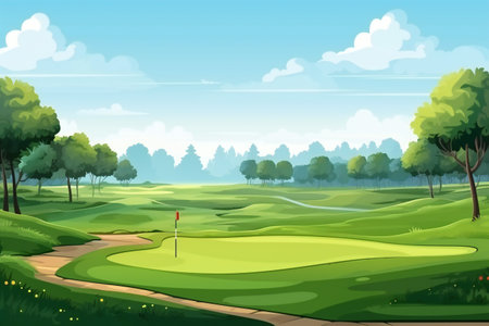 Countryside golf course with flags, greens and sand bunker.の写真素材