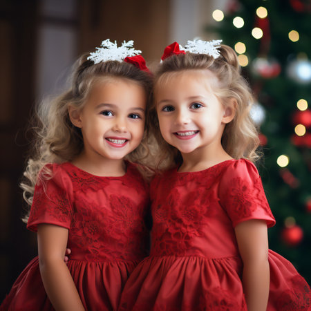 Cute little blonde girls in red christmas dresses near christmas treeの素材
