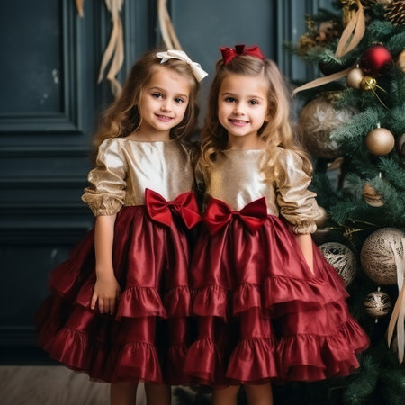 Cute little blonde girls in red christmas dresses near christmas treeの素材
