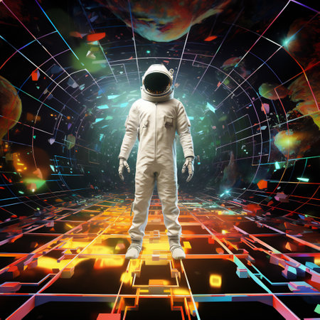 Futuristic astronaut in a spacesuit. Digital art. Augmented reality, future technology, game concept.の素材