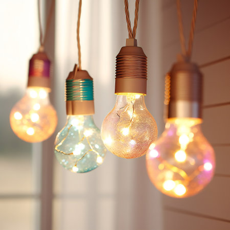Decorative outdoor string lights bulbs hanging in the gardenの写真素材