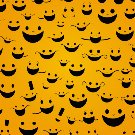Seamless pattern with smiling faces on yellow background. Smile line icon texture.の写真素材