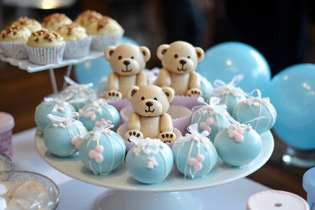 Baby shower party for boy. Tasty treats and toys in room decorated with balloonsの素材