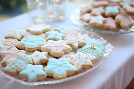 Baby shower party for boys. Tasty treats cookies on tableの写真素材