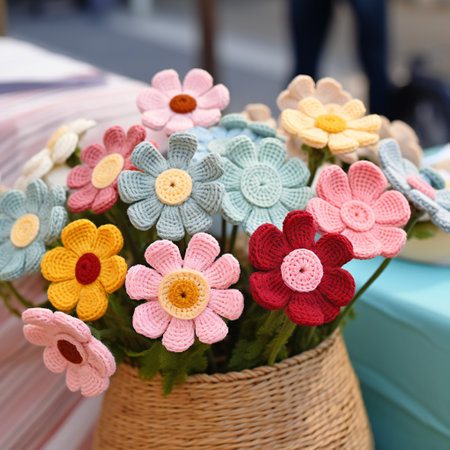 Colorful flowers made of yarn. Knitted flowers in a vase. Colorful crochet flowers set. Easy handmade decorations concept.の素材