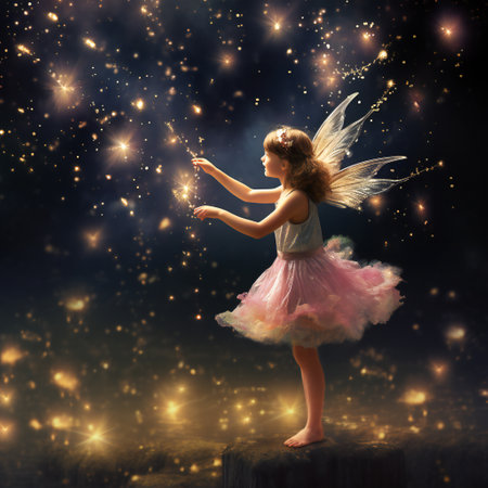 Magical fairy with dust glitters on fantasy background.の素材