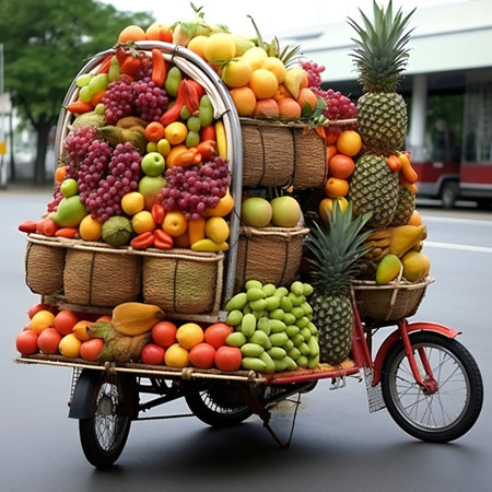 Fruit and vegetable organic on bike. Fruits transportation. local farmers marketの素材