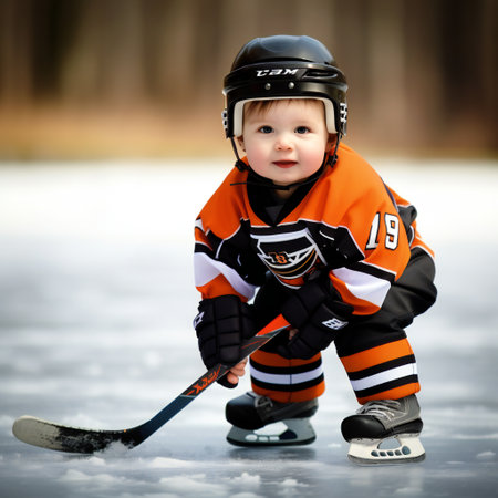 Cute little boyplays hockey on ice in full equipmentの素材