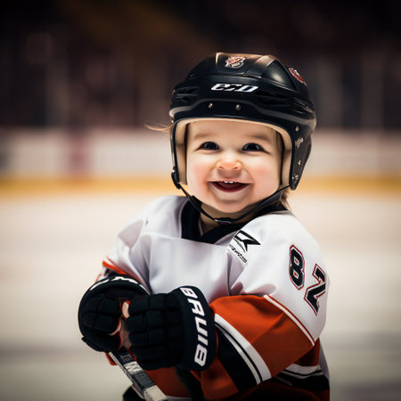 Cute little boyplays hockey on ice in full equipmentの素材