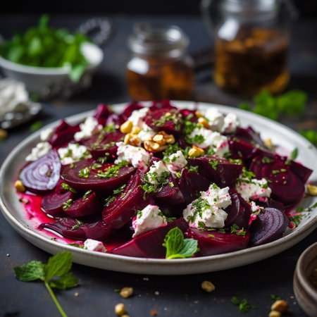 Beetroot salad with wallnuts and garlic in bowl on wooden table. Selective focus.