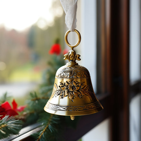Golden Christmas bell with red band on Christmas treeの素材