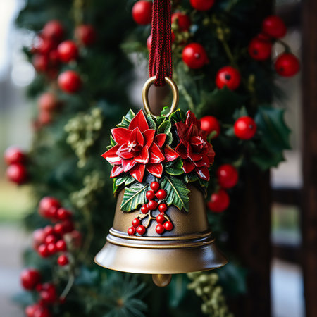 Golden Christmas bell with red band on Christmas treeの素材