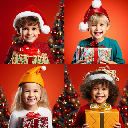 A bright collage of happy kids dressed festively and ready for New-Year celebration. Gifts, costumes. New Year and Christmas. Colorful studio backgrounds.の素材