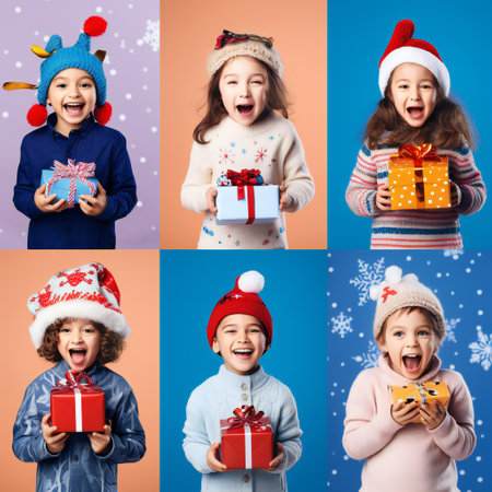 A bright collage of happy kids dressed festively and ready for New-Year celebration. Gifts, costumes. New Year and Christmas. Colorful studio backgrounds.の素材