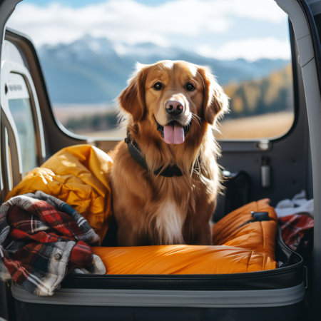 cute domestic dog sitting in car trunk with luggage for tripの素材