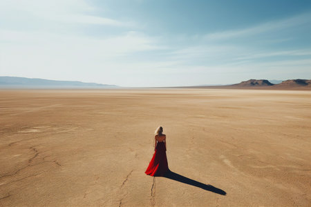 A beautiful brunette girl in a red silk dress with a train stands in the middle of the desert and looks at the sunset.の素材