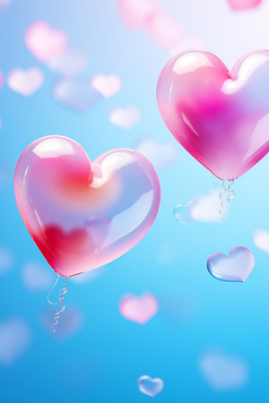 Two colored pastel hearts on a blue background levitating.の素材
