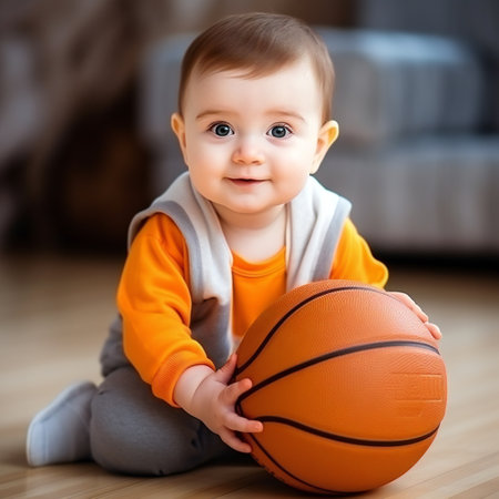 Baby boy with basketball. Full bodyの素材