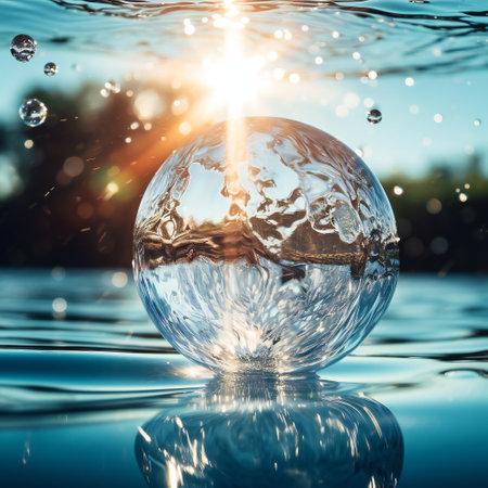 Blue freedom concept: The Crystal Ball reflecting water and sky in blue. Beautiful creative landscape photographyの素材