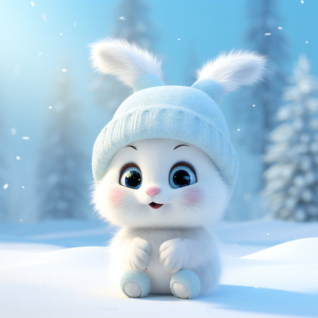Cute cartoon little baby rabbit in the winter hat . Winter realistic illustration with animal and snow.の素材