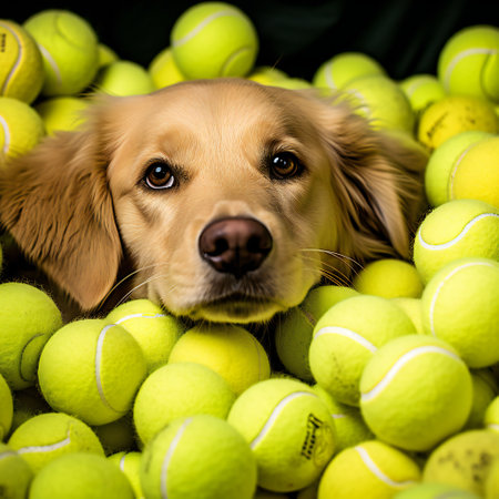 Playful happy pet dog puppy in a pile of tennis ballsの素材