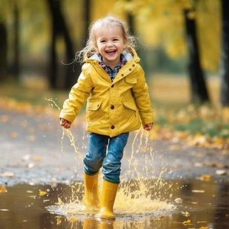 Little toddler girl wearing yellow rain gum boots, running and walking during sleet. Happy child in colorful clothes jumping into puddle, splashing with water, outdoor activity. Happiness, childhoodの素材