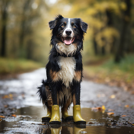 dog wearing yellow rubber boots in parkの素材