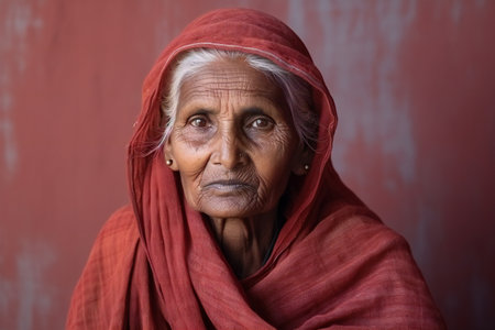 portrait of a senior Indian woman, senior Indian woman looking in camera on bright background.の素材