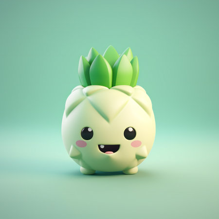 Cute artichoke farm organic vegetable. isometric 3d illustration. Kawaii face. emoji. isolated on green background.の素材