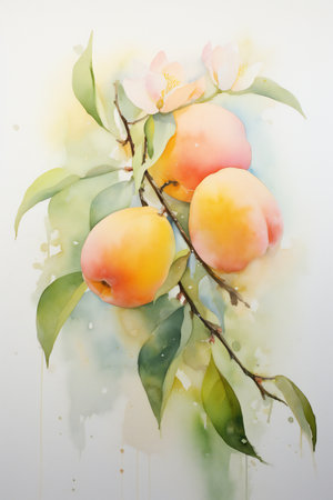 Watercolor peach branch. Waterpaint nectarine garden botanical illustration, fresh summer juicy apricots with foliage color backdrop designの素材