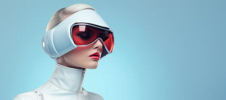 Fashion retro futuristic girl in glasses on bright background, copy spaceの素材