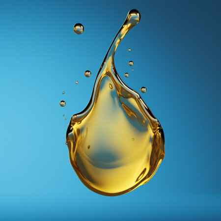 yellow oil drop on blue background, side viewの素材