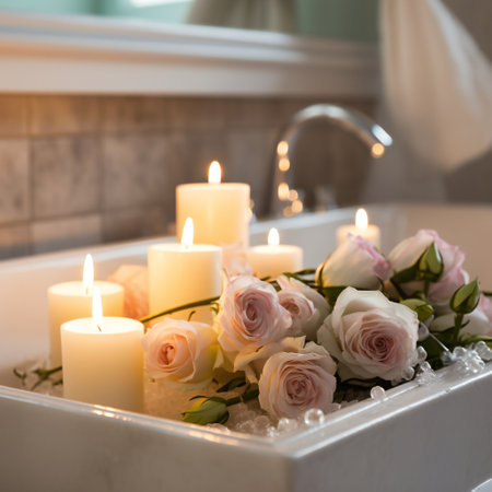 burning candles on countertop in bathroomの素材