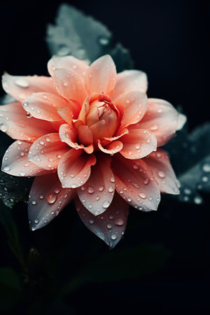 Gorgeous bicolor dahlia flowers close up on dark background. Autumn floral art design with wonderful dahlias on grunge dark backdrop, selective focusの写真素材