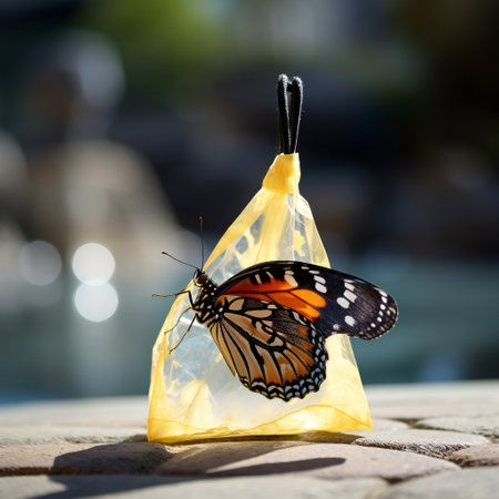 Plastic pollution in environmental problem of nature. Butterfly on plastic garbage bag. Ecological situation in the world earth. Pollution of nature.vの素材
