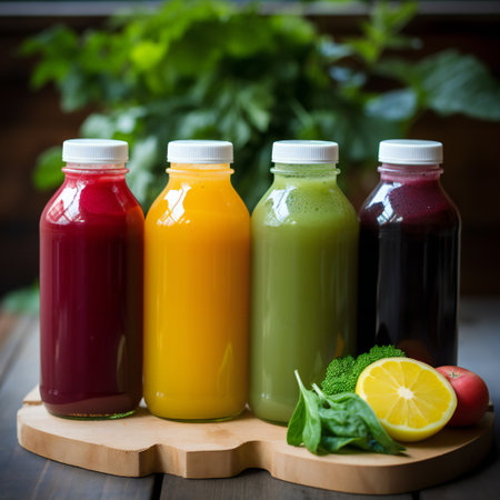 Summer beverages. Citrus fruit juices, fresh and smoothies, food background. Mix of different whole and cut fruits: orange, grapefruit, lime, tangerine with leaves and plastic bottles with drinksの素材
