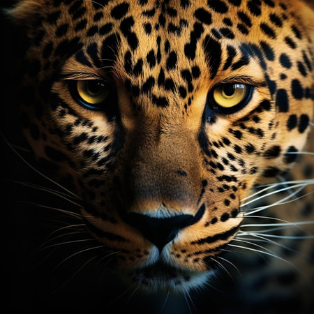 Head shot, portrait of a leopard facing at the camera on black backgroundの素材