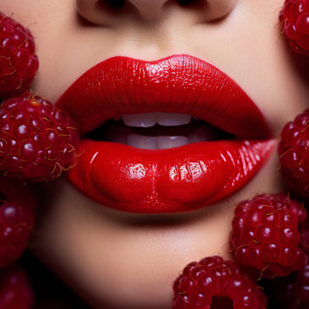 Young girl with bright makeup and a berry background. Beautiful caucasian woman biting a berry. Beautiful woman with fashion makeupの素材